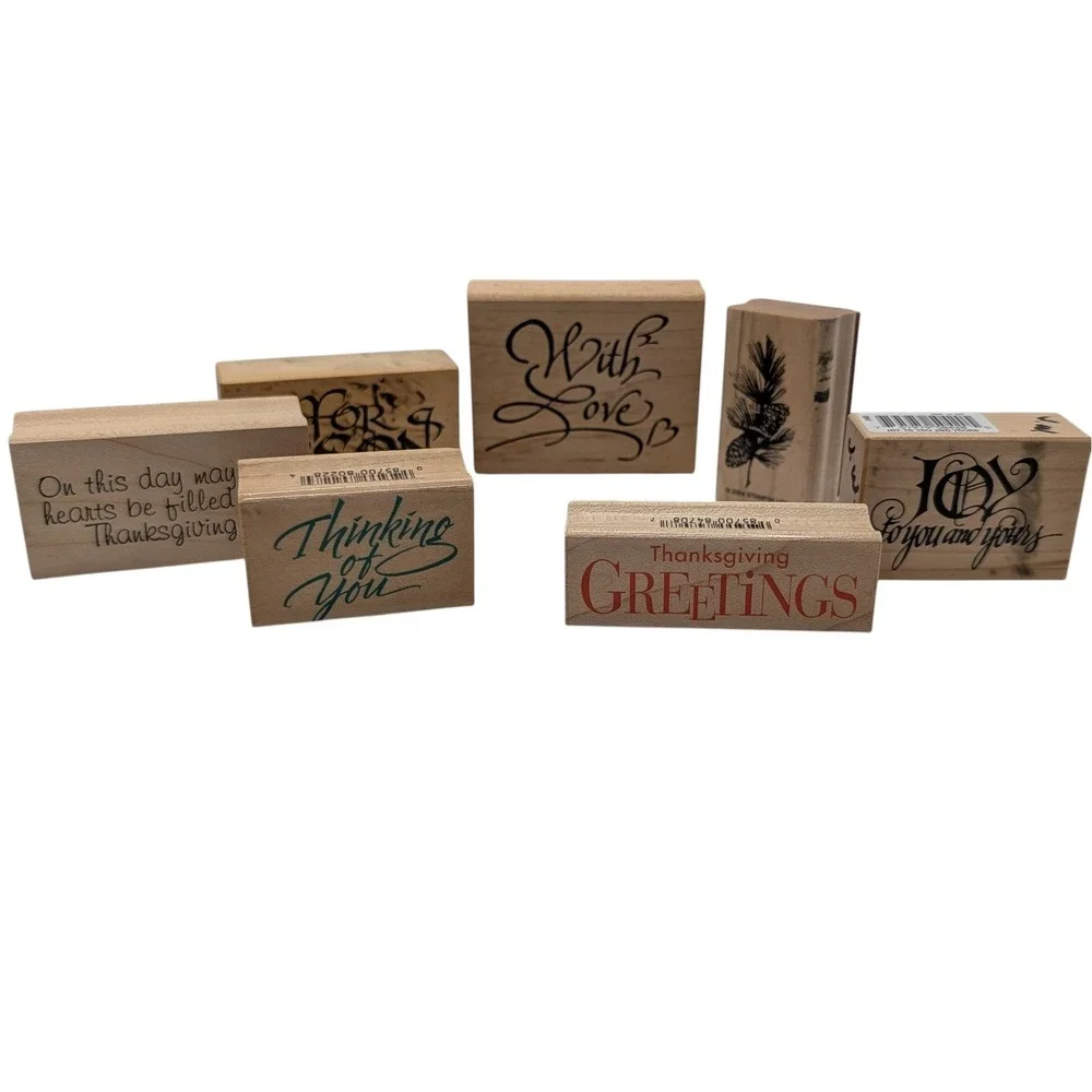 Vintage Wood Mounted Rubber Stamp Set Holidays Sayings Craft Seven Piece Set SEE